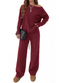 PRETTYGARDEN Lounge Sets Womens Two Piece Outfits  Cozy Boat Neck Long Sleeve , Wide Leg Pants with Drawstring, Casual Fall Fashion 2026 Airport & Travel, Knit Matching Set