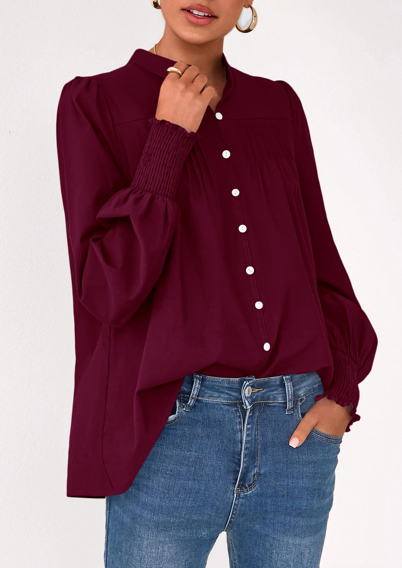 PRETTYGARDEN Womens Fall Lantern Long Sleeve Shirts Trendy Button V Neck Pleated Henley Tops Loose Work Blouses