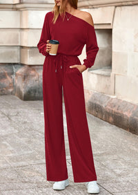 PRETTYGARDEN Long Sleeve Jumpsuit For Women Dressy Off Shoulder One Piece Loose Wide Leg Jumpsuits Casual Flowy Romper