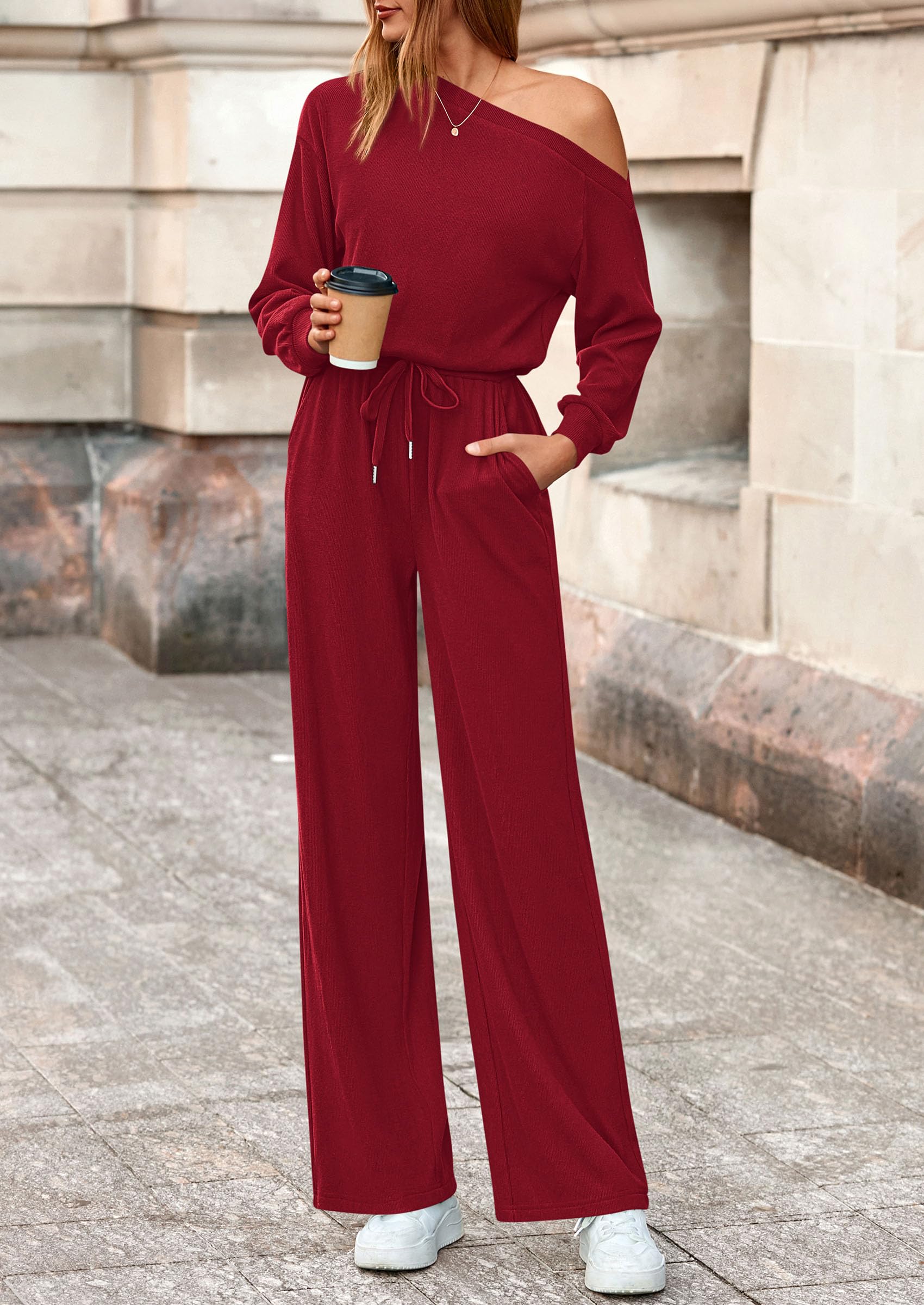 PRETTYGARDEN Long Sleeve Jumpsuit For Women Dressy Off Shoulder One Piece Loose Wide Leg Jumpsuits Casual Flowy Romper