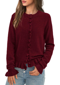 PRETTYGARDEN Womens Fall Button Down Cardigans Chunky Knit Ruffle Open Front Cropped Cardigan Sweaters Soft Long Sleeve Tops