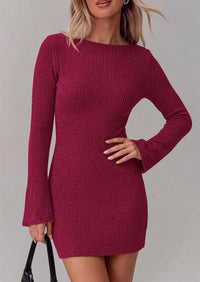 PRETTYGARDEN Womens Fall Bell Long Sleeve Mini Dress 2026 Casual Boat Neck Ribbed Bodycon Short Party Cocktail Dresses