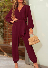 PRETTYGARDEN Women's Fall Jumpsuits Dressy Casual Pants Romper Spring Long Sleeve V Neck Belt Pockets One Piece Outfits