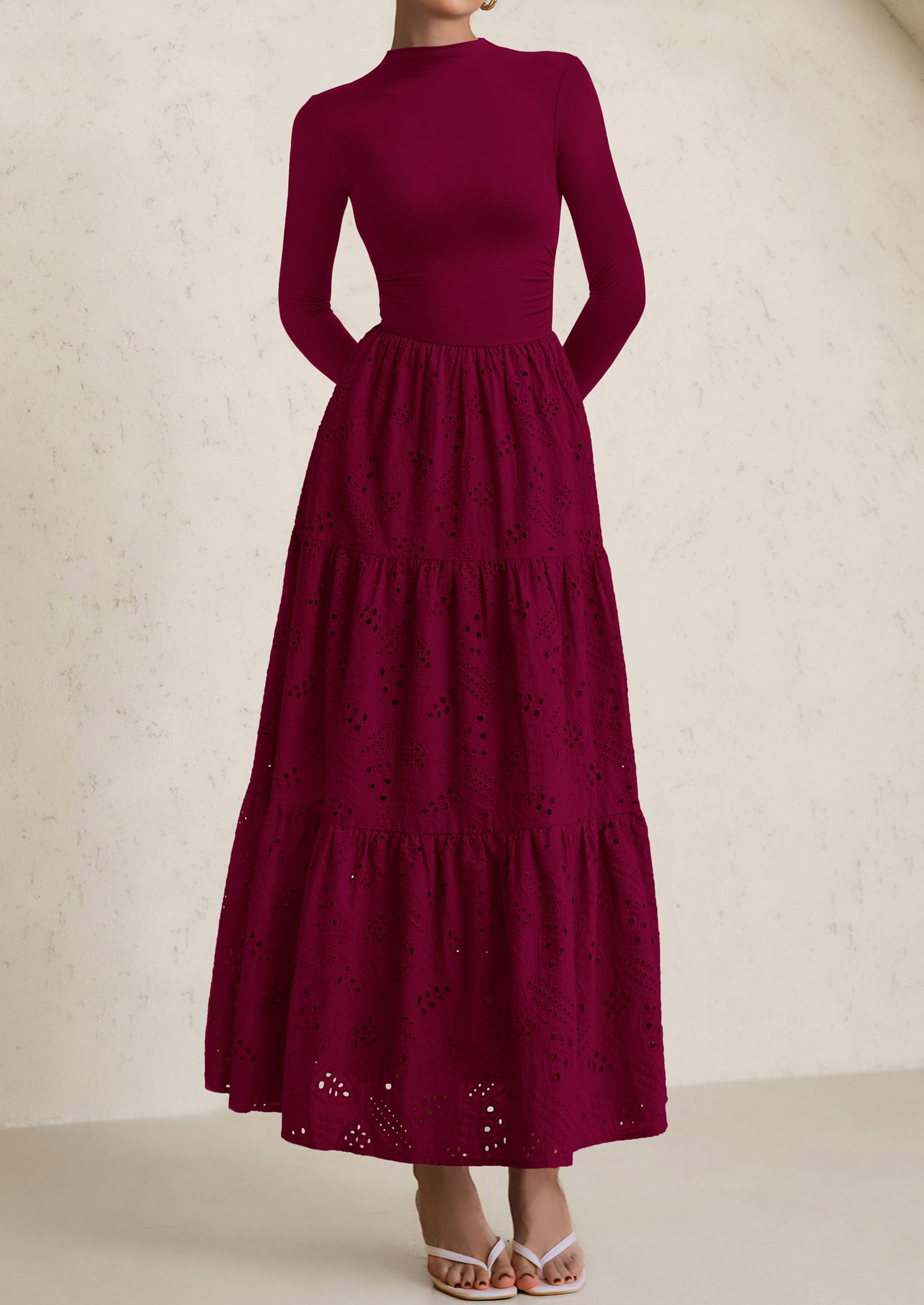 elegant classy evening dresses PRETTYGARDEN Long Sleeve Dress for Women Fall Eyelet Mock Neck A Line