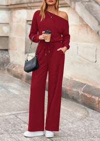 PRETTYGARDEN Long Sleeve Jumpsuit For Women Dressy Off Shoulder One Piece Loose Wide Leg Jumpsuits Casual Flowy Romper
