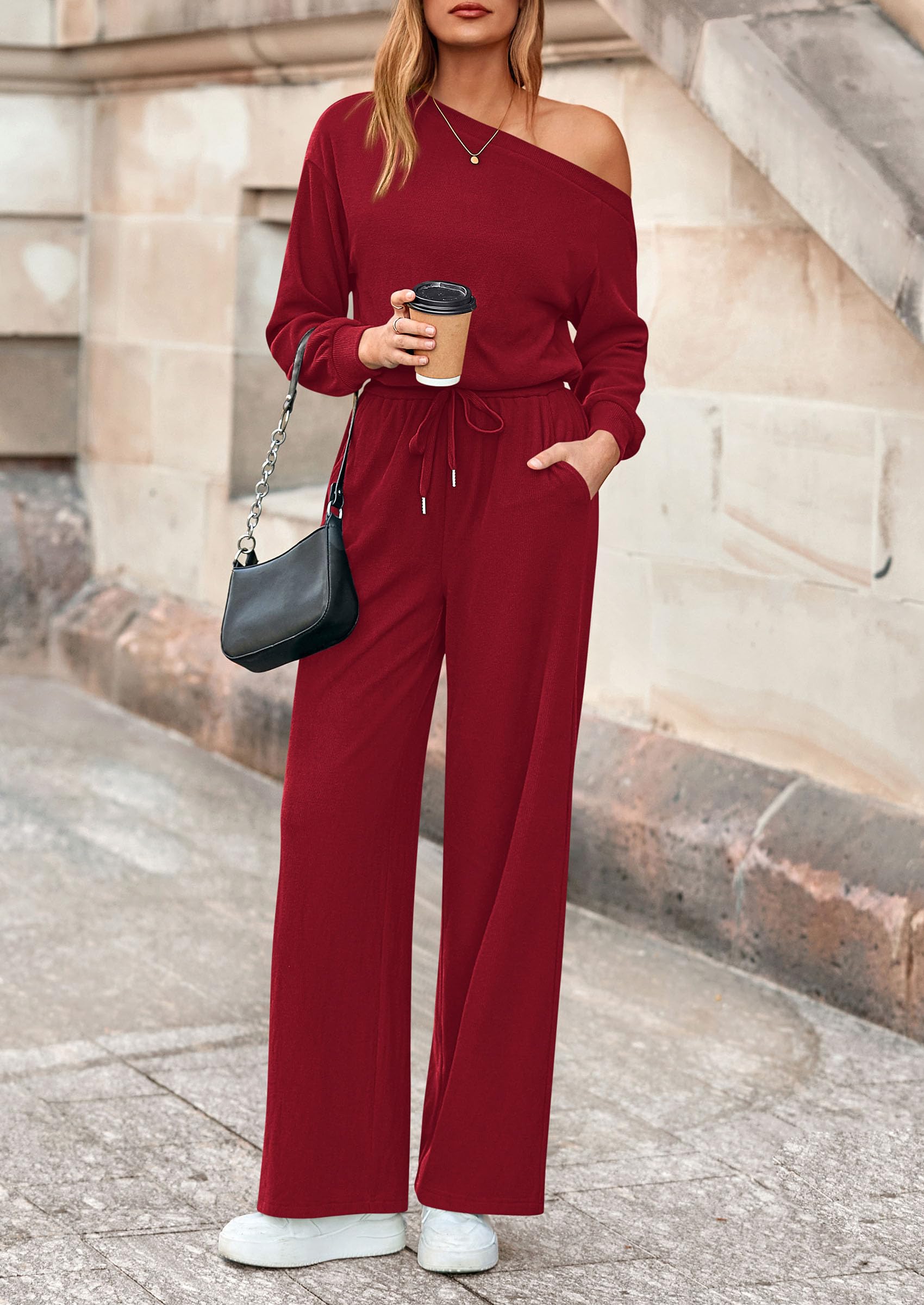 PRETTYGARDEN Long Sleeve Jumpsuit For Women Dressy Off Shoulder One Piece Loose Wide Leg Jumpsuits Casual Flowy Romper