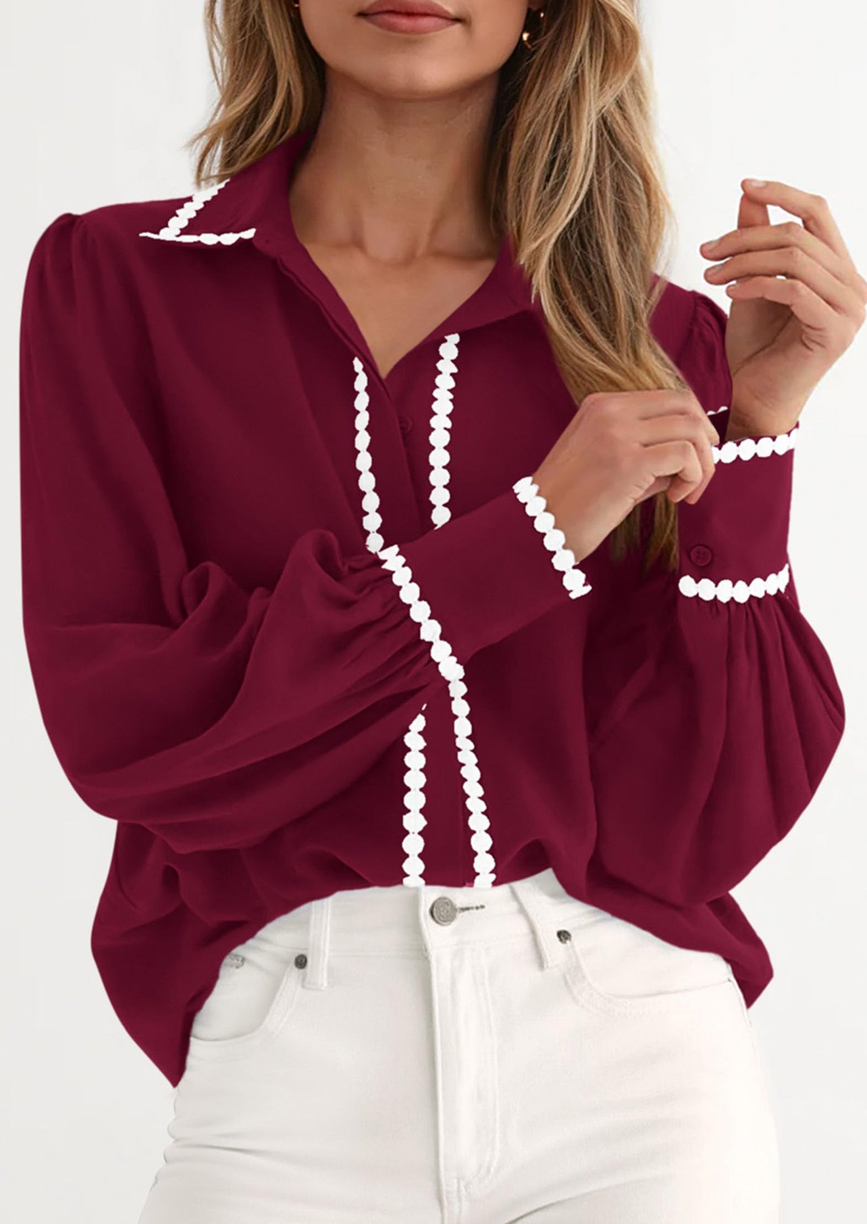 PRETTYGARDEN Womens Long Sleeve Button Down Shirts Trendy V Neck Loose Fit Fall Tops Collared Dressy Casual Blouses