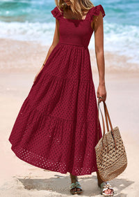 PRETTYGARDEN Womens Square Neck Maxi Dresses Cap Sleeve Eyelet Smocked Tiered A Line Flowy Long Dress with Pockets