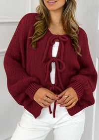 PRETTYGARDEN Women's Tie Front Bow Cardigan Sweaters Chunky Knit Long Puff Sleeve Trendy Fall Winter Jacket Coats