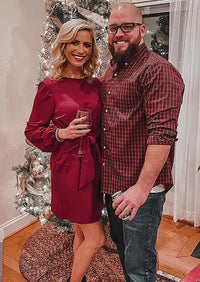 PRETTYGARDEN Womens Fall Elegant Long Lantern Sleeve Short Dress Wedding Guest Crewneck Tie Waist Knit Cocktail Dresses PRETTYGARDEN