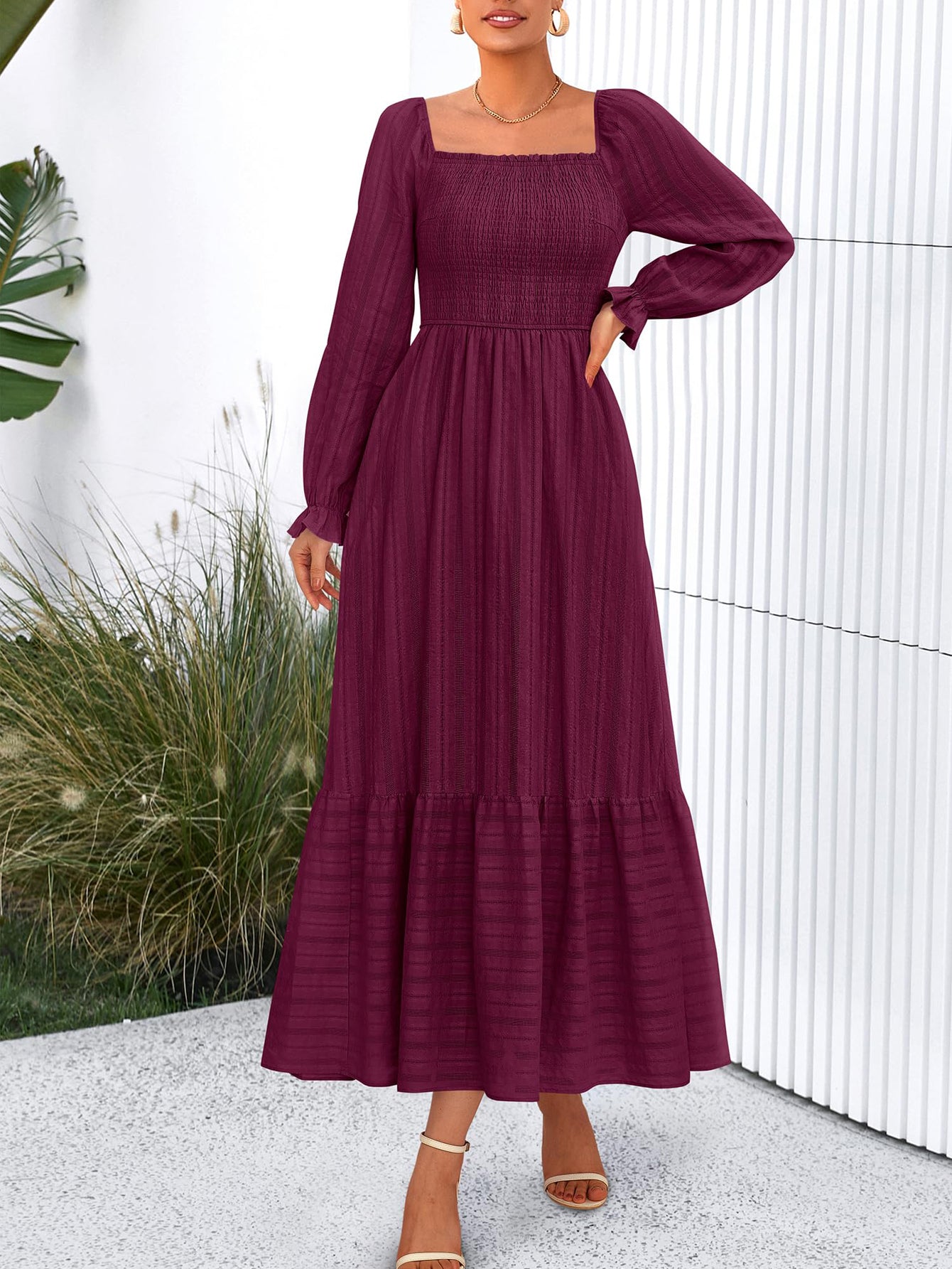 BTFBM Women Maxi Fall Dresses Long Sleeve Solid Color Square Neck Smocked Boho Long Wedding Guest Dress