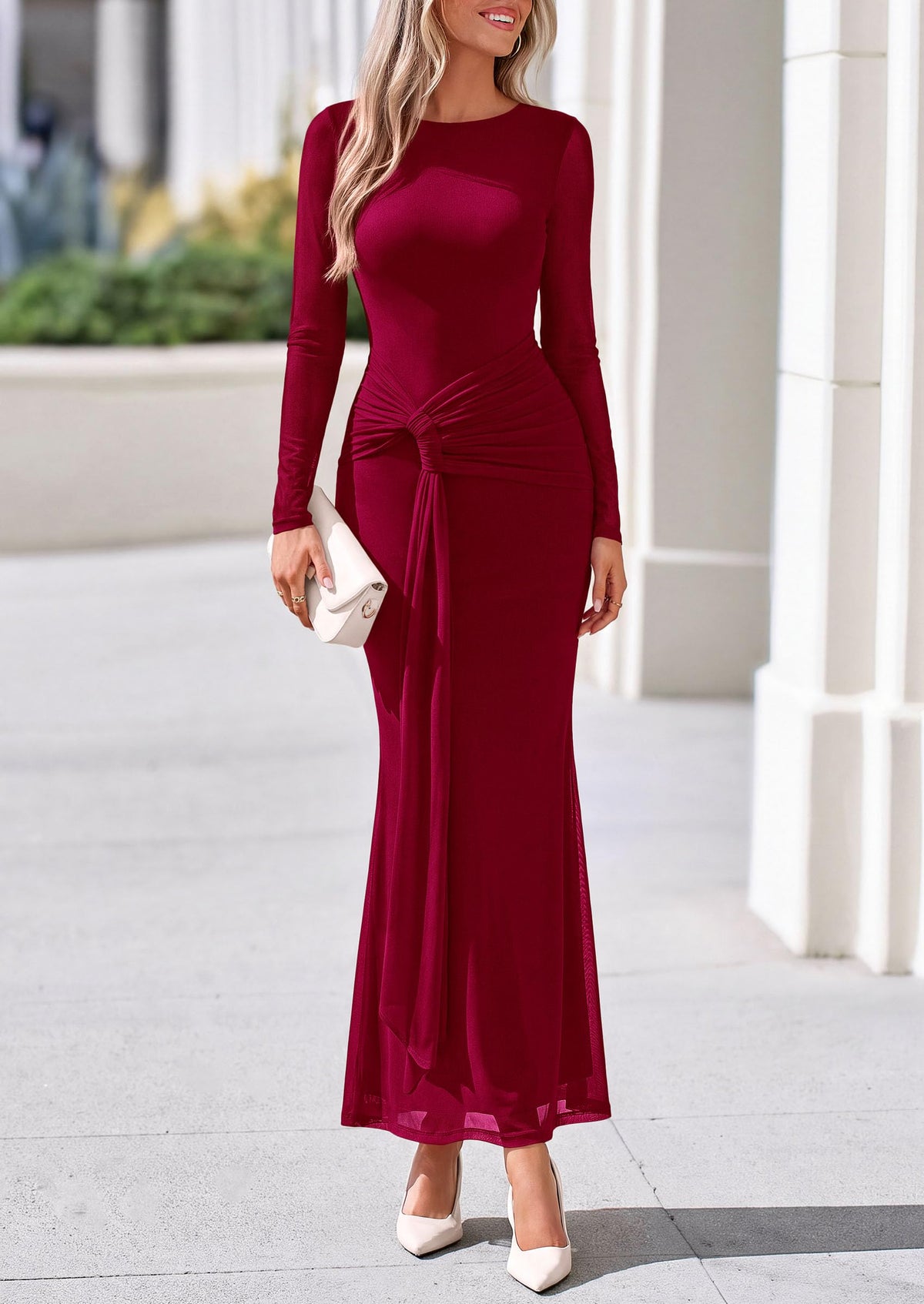 PRETTYGARDEN Women's Long Sleeve Tie Waist Maxi Dresses						  Sexy Mesh Style,Ruched Design,Wedding Guest,Cocktail Party,Night Out,2026 Early Fall Fashion Outfits,Cute Spring Dress