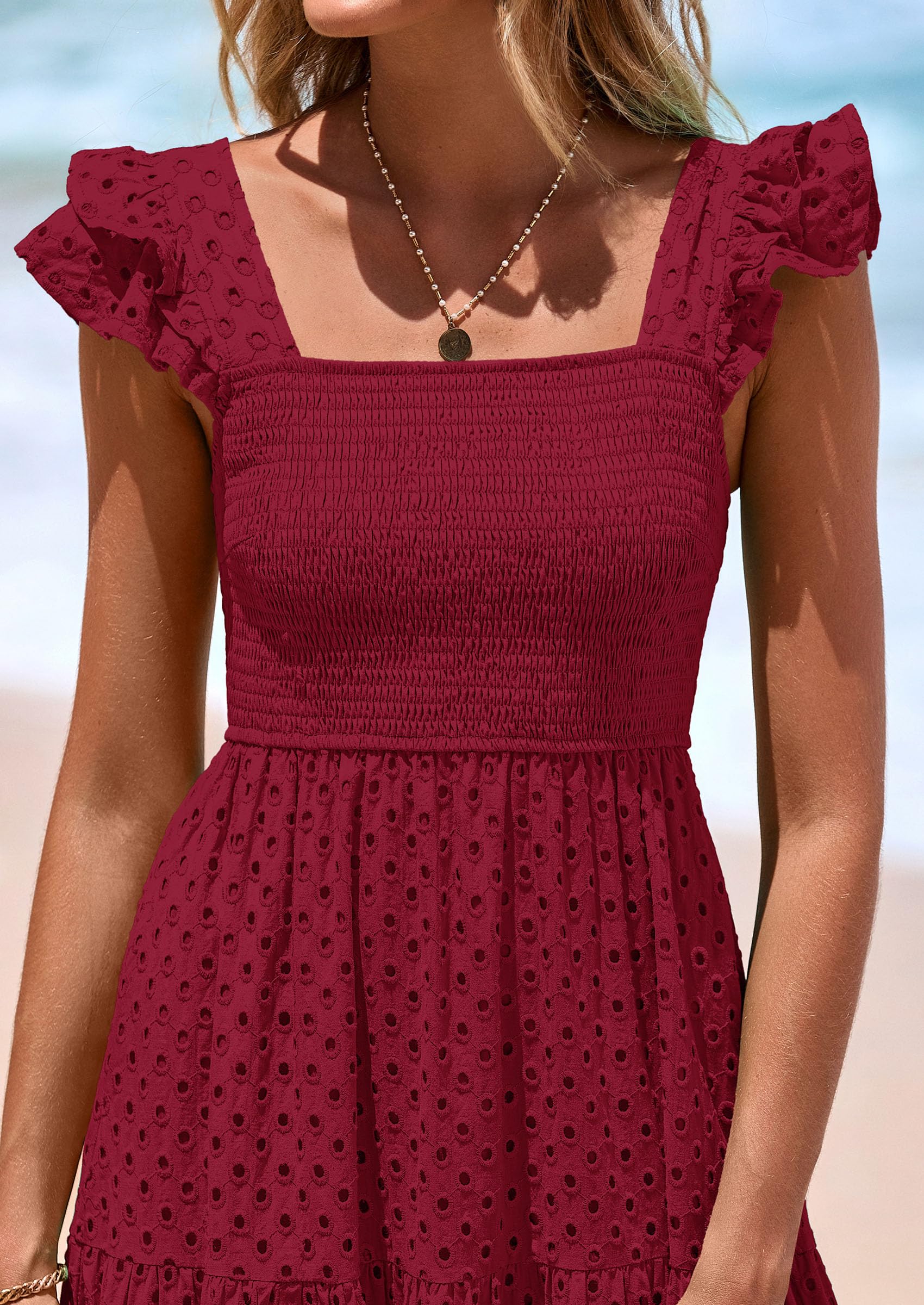 PRETTYGARDEN Womens Square Neck Maxi Dresses Cap Sleeve Eyelet Smocked Tiered A Line Flowy Long Dress with Pockets