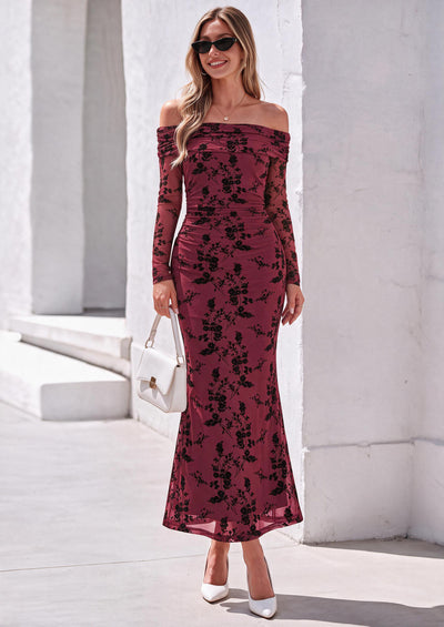PRETTYGARDEN Womens Off Shoulder Floral Maxi Wedding Guest Dress  Mesh Slim Fit,Elegant Bodycon,Formal Party Cocktail Dress,Bridal Shower Baby Shower,Date Night Outfits,Vacation Long Dresses