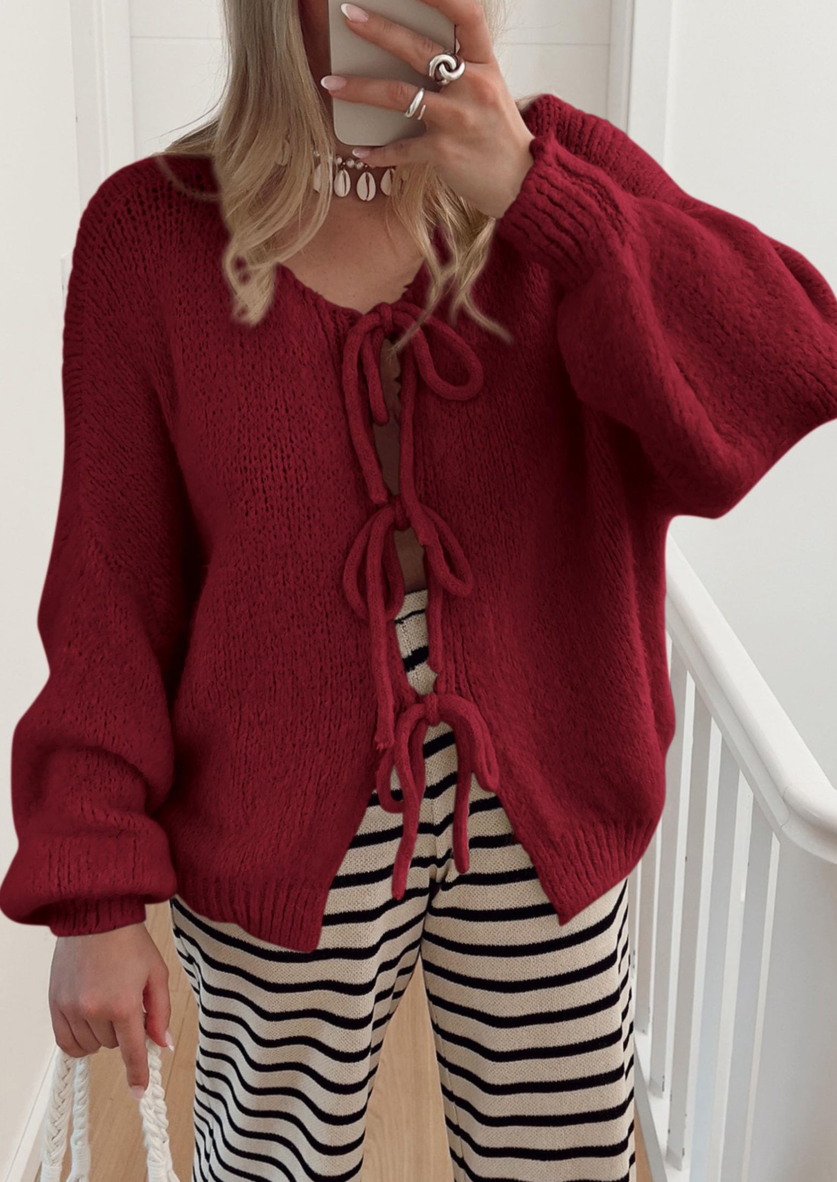 PRETTYGARDEN Women's Tie Front Bow Cardigan Sweaters Chunky Knit Long Puff Sleeve Trendy Fall Winter Jacket Coats