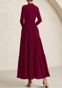 PRETTYGARDEN Long Sleeve Dress for Women Fall Eyelet Mock Neck A Line Elegant Classy Maxi Wedding Guest Dresses Pockets