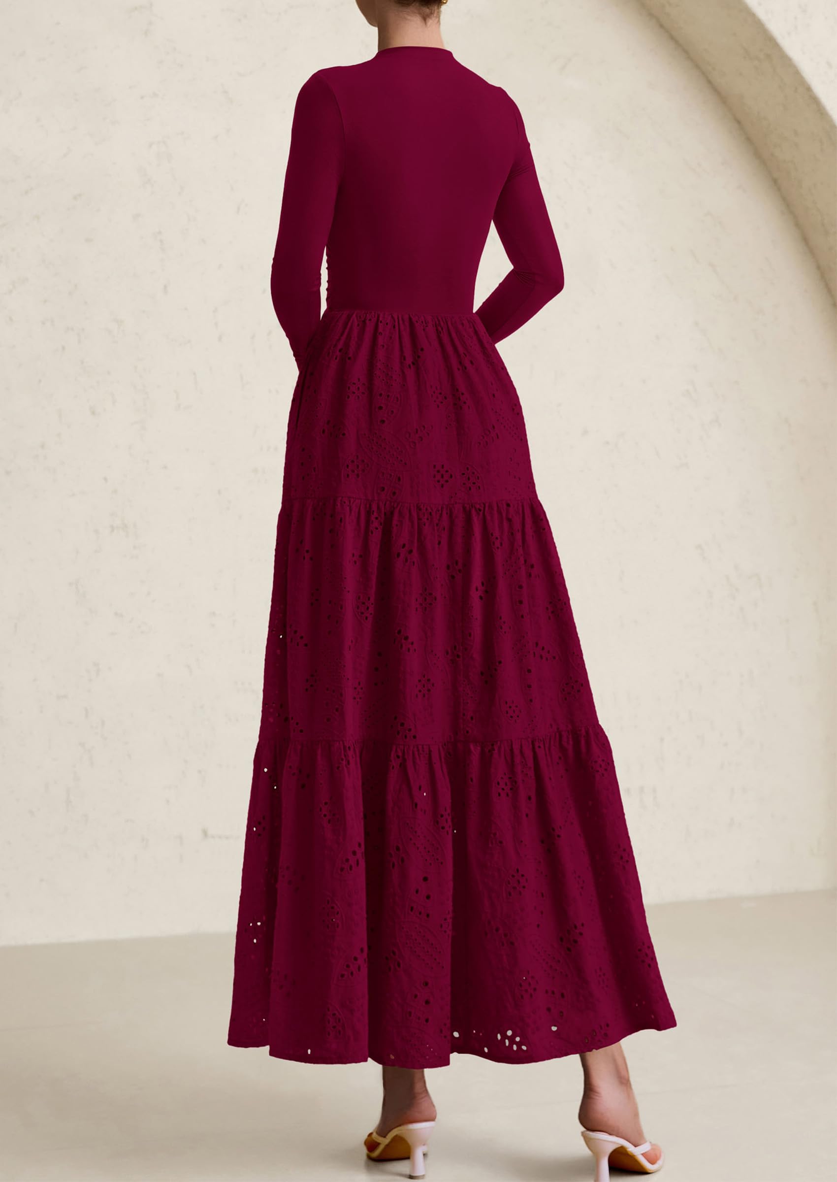 PRETTYGARDEN Long Sleeve Dress for Women Fall Eyelet Mock Neck A Line Elegant Classy Maxi Wedding Guest Dresses Pockets