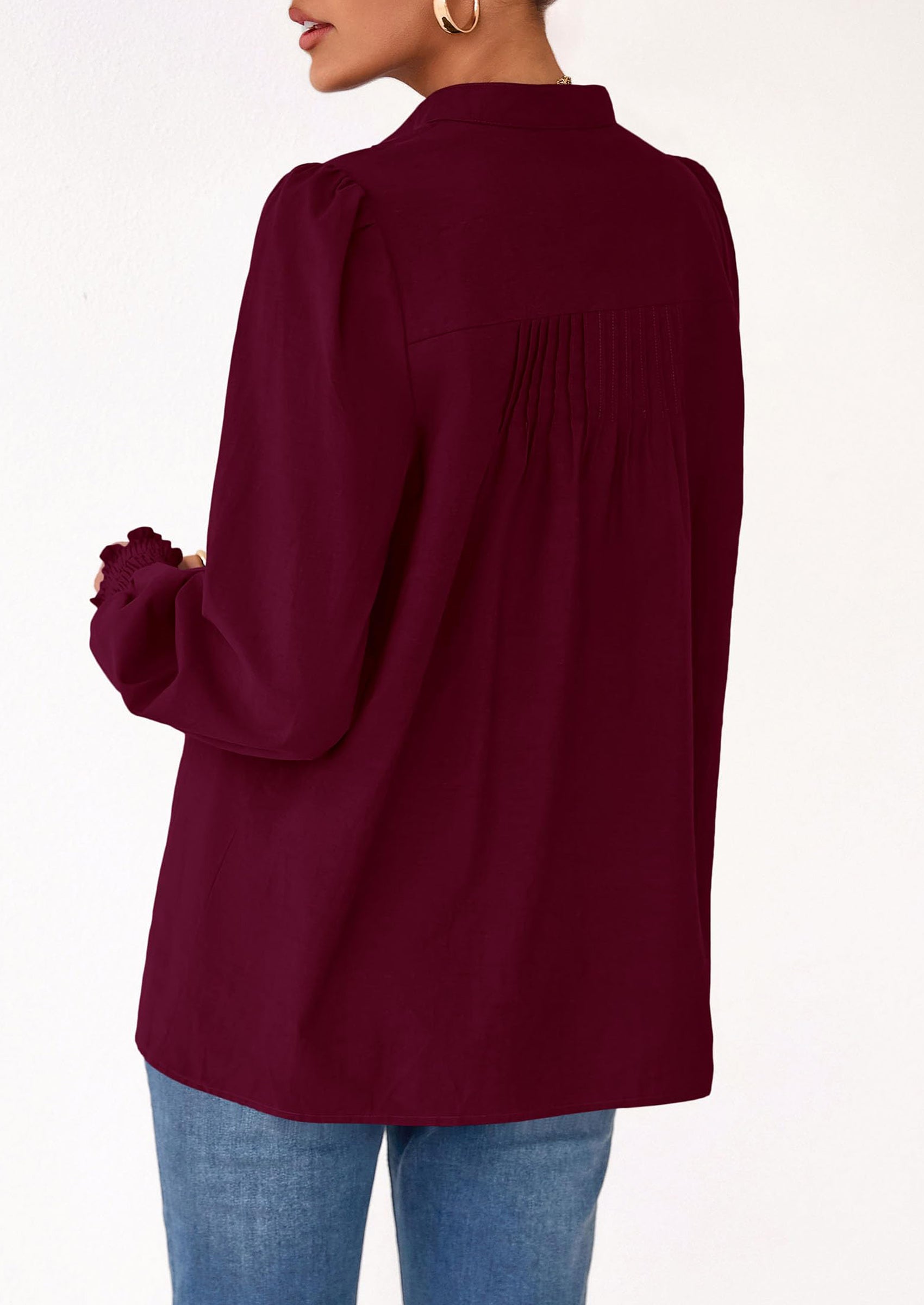 PRETTYGARDEN Womens Fall Lantern Long Sleeve Shirts Trendy Button V Neck Pleated Henley Tops Loose Work Blouses