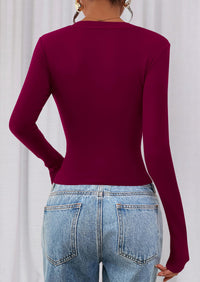 PRETTYGARDEN Womens Long Sleeve T Shirts Fall Trendy Deep V Neck Slim Fit Basic Crop Tops Casual Going Out Top