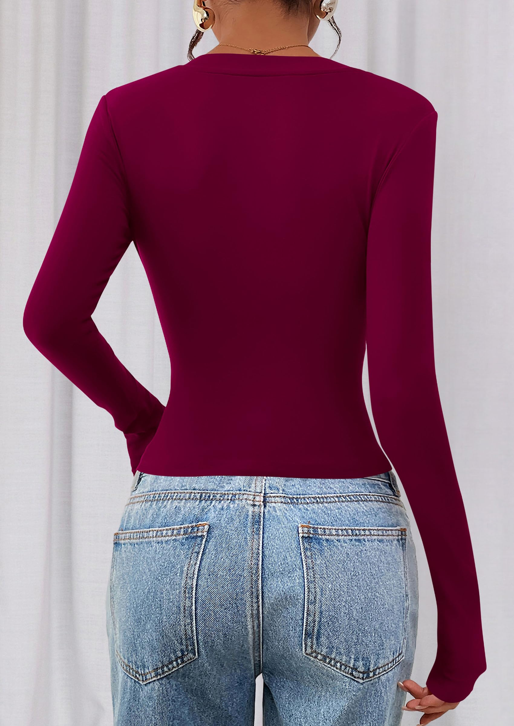 PRETTYGARDEN Womens Long Sleeve T Shirts Fall Trendy Deep V Neck Slim Fit Basic Crop Tops Casual Going Out Top