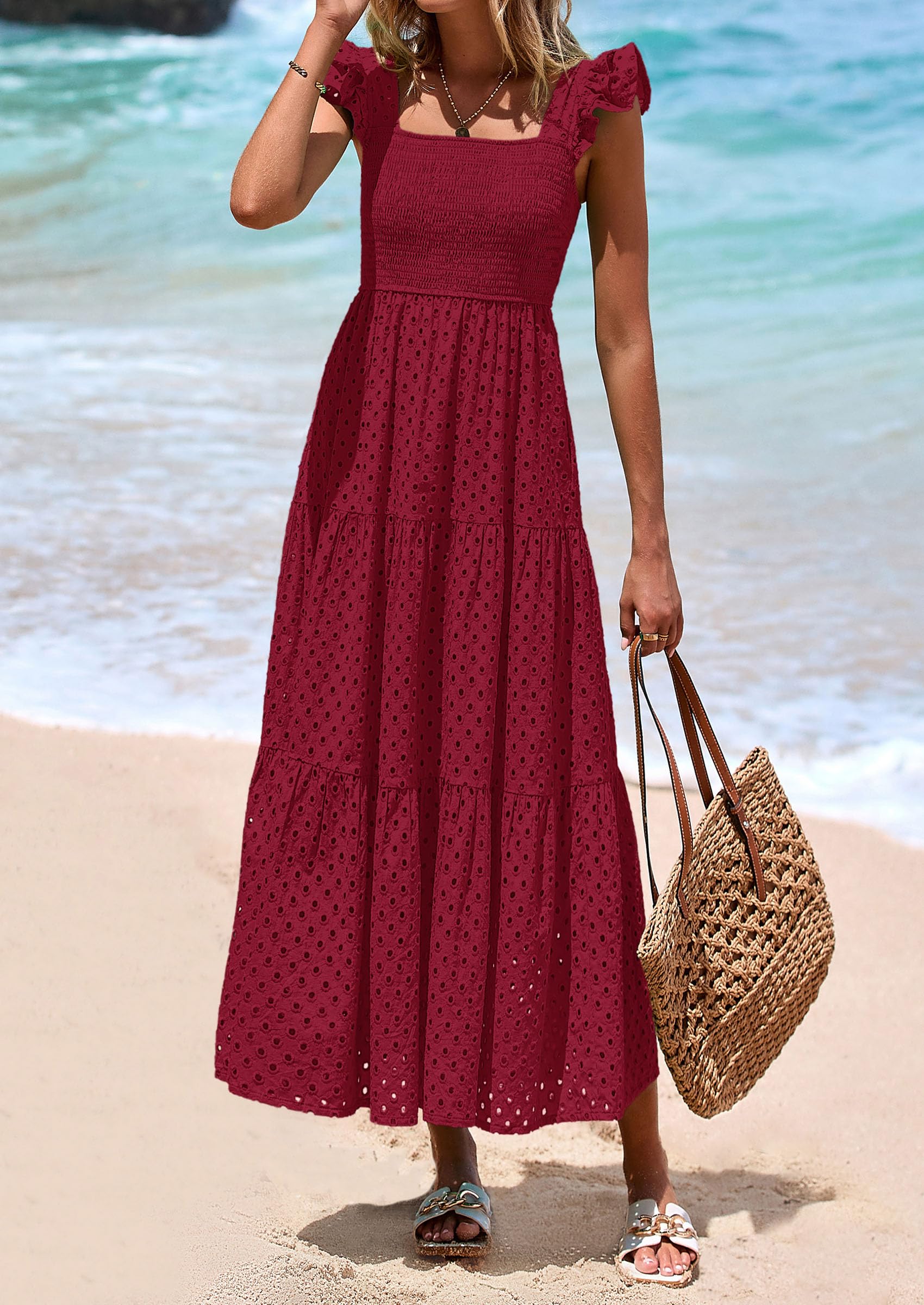 PRETTYGARDEN Womens Square Neck Maxi Dresses Cap Sleeve Eyelet Smocked Tiered A Line Flowy Long Dress with Pockets