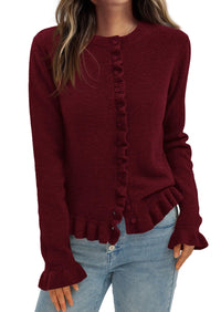 PRETTYGARDEN Womens Fall Button Down Cardigans Chunky Knit Ruffle Open Front Cropped Cardigan Sweaters Soft Long Sleeve Tops