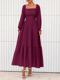 BTFBM Women Maxi Fall Dresses Long Sleeve Solid Color Square Neck Smocked Boho Long Wedding Guest Dress