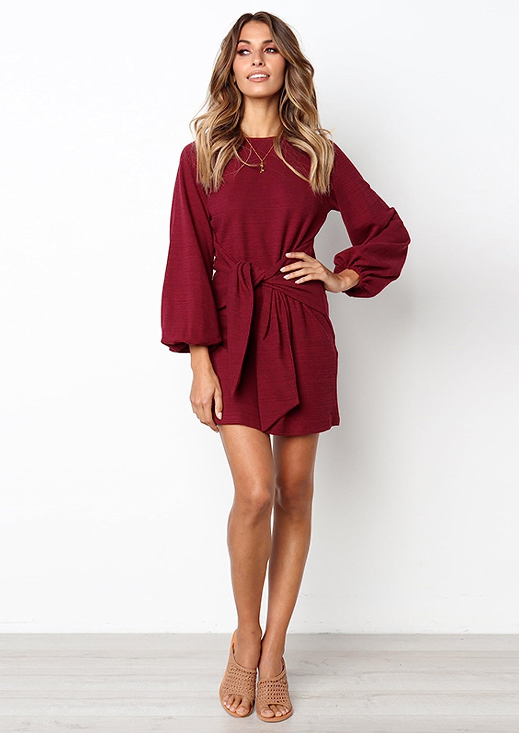 PRETTYGARDEN Womens Fall Elegant Long Lantern Sleeve Short Dress Wedding Guest Crewneck Tie Waist Knit Cocktail Dresses PRETTYGARDEN