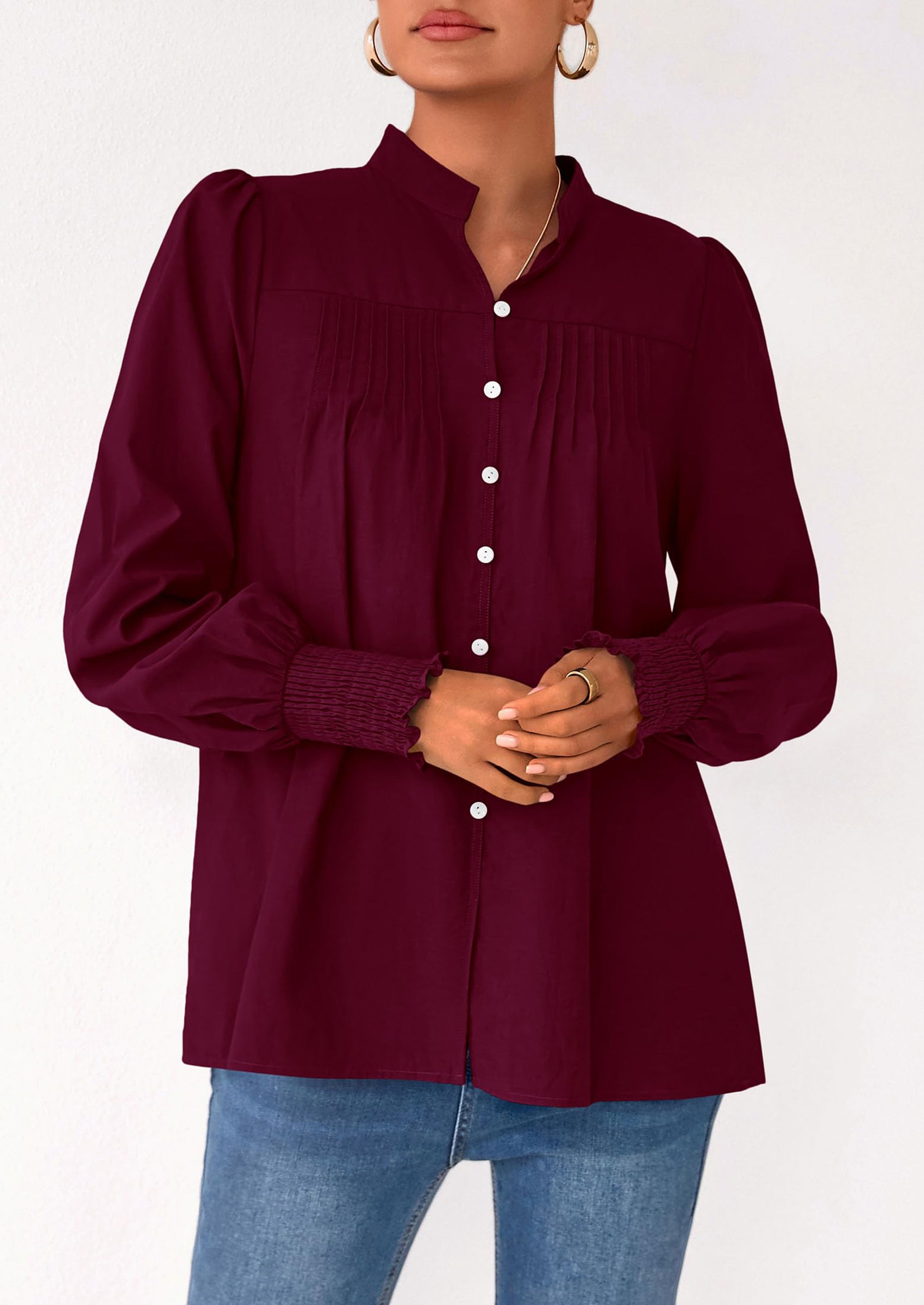 PRETTYGARDEN Womens Fall Lantern Long Sleeve Shirts Trendy Button V Neck Pleated Henley Tops Loose Work Blouses