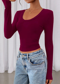 PRETTYGARDEN Womens Long Sleeve T Shirts Fall Trendy Deep V Neck Slim Fit Basic Crop Tops Casual Going Out Top