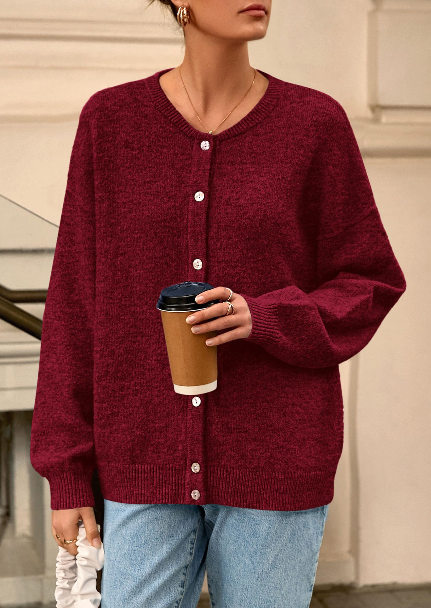 PRETTYGARDEN Fall Long Sleeve Cardigans for Women Trendy Open Front Winter Button Down Crewneck Soft Knit Sweater Jacket