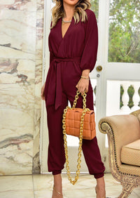 PRETTYGARDEN Women's Fall Jumpsuits Dressy Casual Pants Romper Spring Long Sleeve V Neck Belt Pockets One Piece Outfits