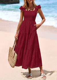 PRETTYGARDEN Womens Square Neck Maxi Dresses Cap Sleeve Eyelet Smocked Tiered A Line Flowy Long Dress with Pockets