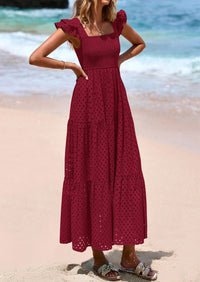 PRETTYGARDEN Womens Square Neck Maxi Dresses Cap Sleeve Eyelet Smocked Tiered A Line Flowy Long Dress with Pockets