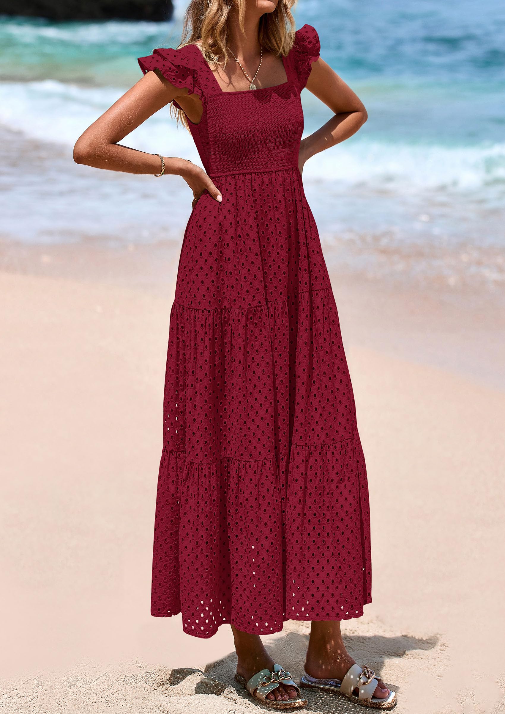 PRETTYGARDEN Womens Square Neck Maxi Dresses Cap Sleeve Eyelet Smocked Tiered A Line Flowy Long Dress with Pockets