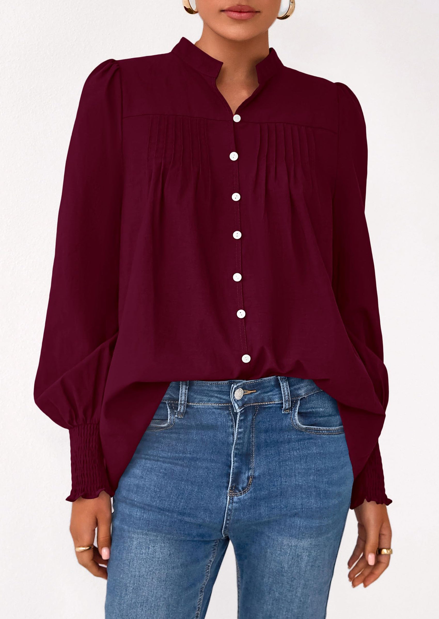 PRETTYGARDEN Womens Fall Lantern Long Sleeve Shirts Trendy Button V Neck Pleated Henley Tops Loose Work Blouses