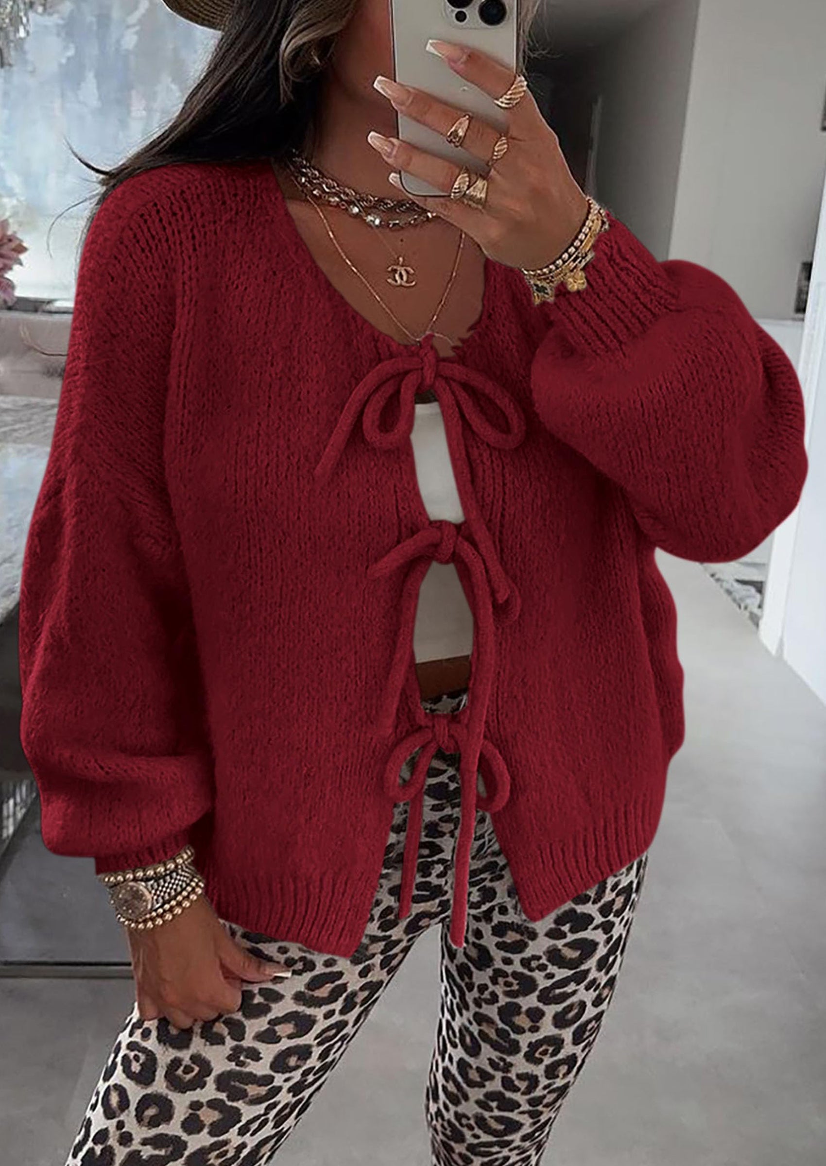 PRETTYGARDEN Women's Tie Front Bow Cardigan Sweaters Chunky Knit Long Puff Sleeve Trendy Fall Winter Jacket Coats