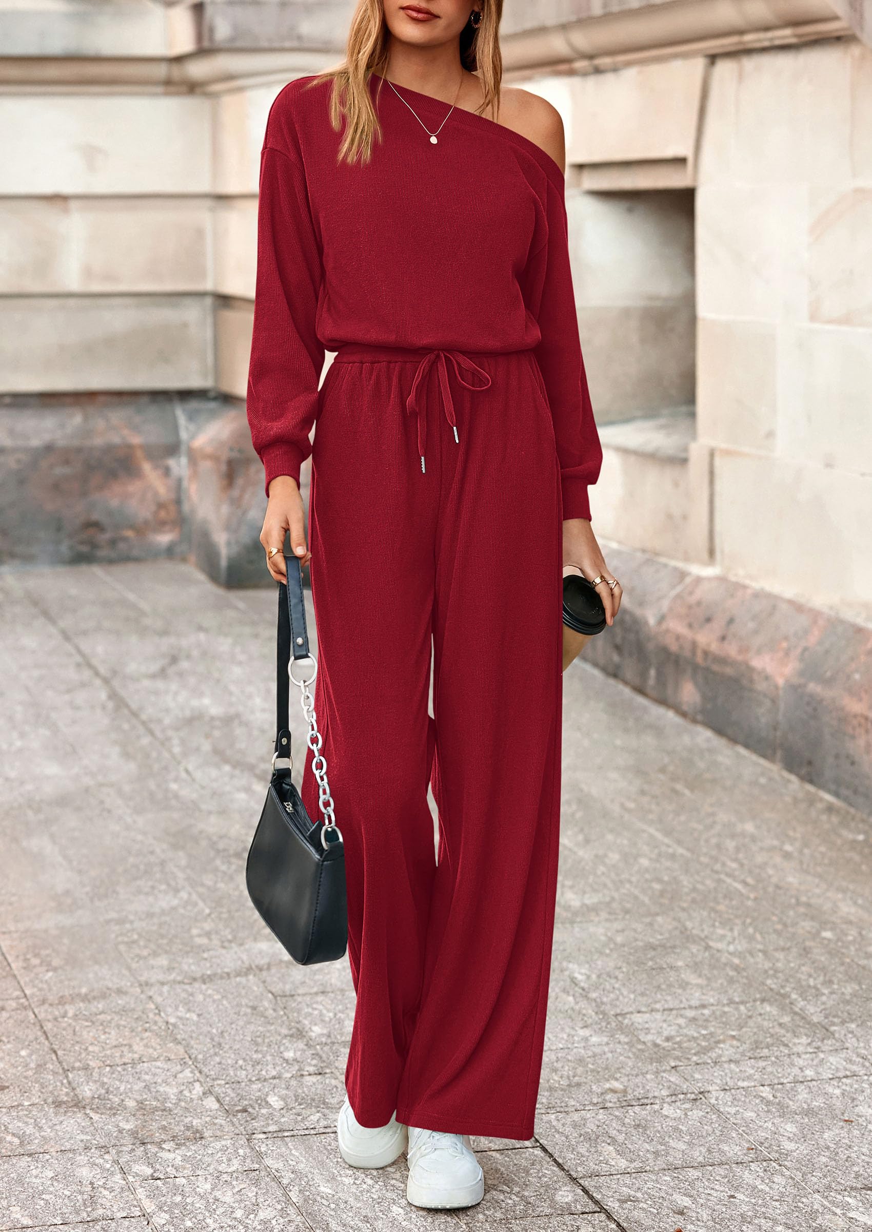 PRETTYGARDEN Long Sleeve Jumpsuit For Women Dressy Off Shoulder One Piece Loose Wide Leg Jumpsuits Casual Flowy Romper