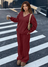 PRETTYGARDEN Casual Winter Two Piece Sets for Women V Neck Sweatshirt Loose Wide Leg Pants Tracksuit Knit Fall Outfits PRETTYGARDEN