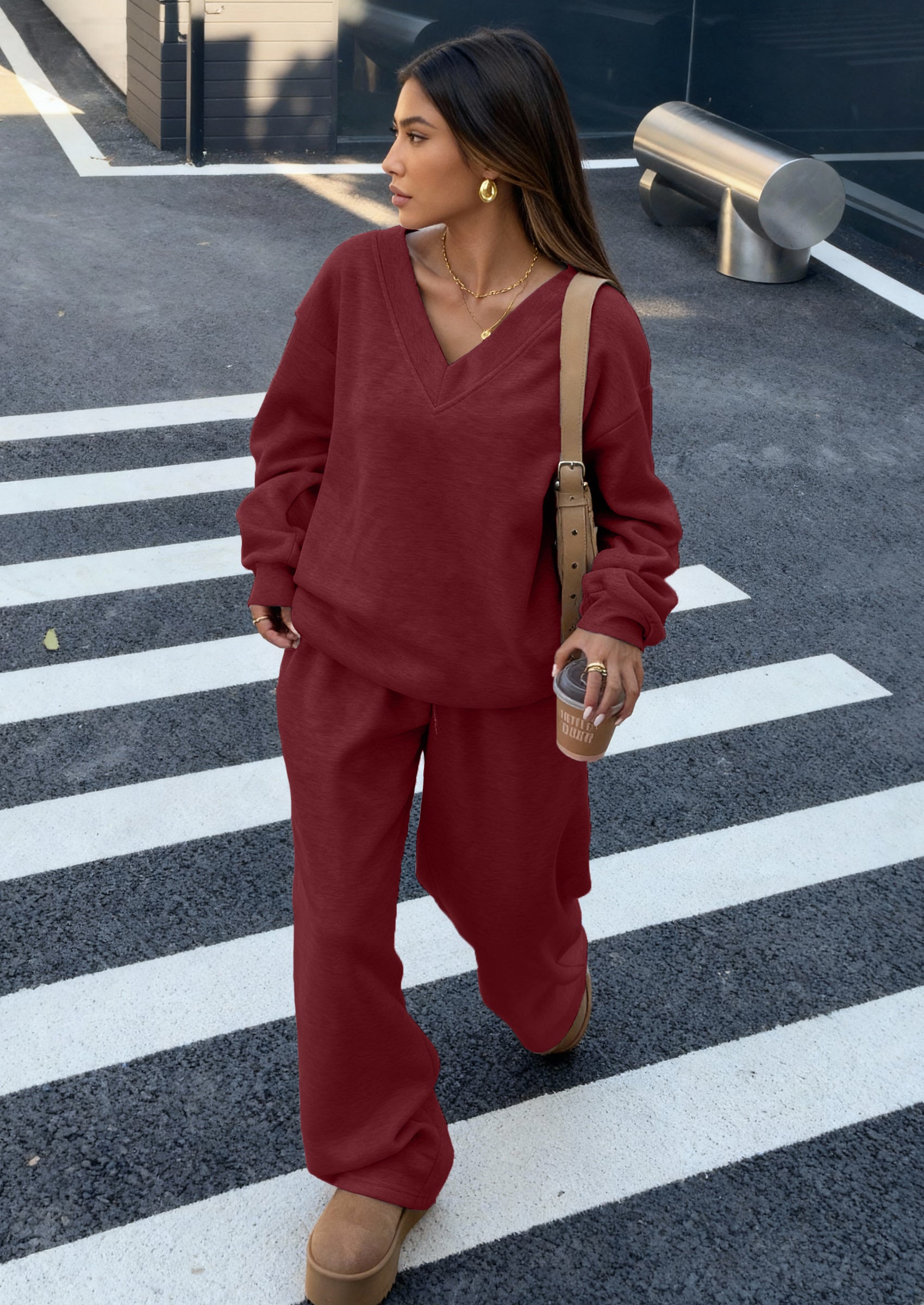 PRETTYGARDEN Casual Winter Two Piece Sets for Women V Neck Sweatshirt Loose Wide Leg Pants Tracksuit Knit Fall Outfits PRETTYGARDEN