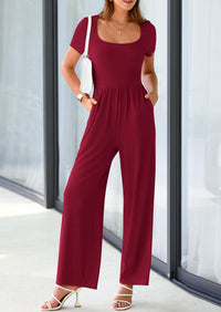 PRETTYGARDEN Women's Summer One Piece Jumpsuits Dressy Casual Short Sleeve Square Neck Wide Leg Jumpsuit Rompers