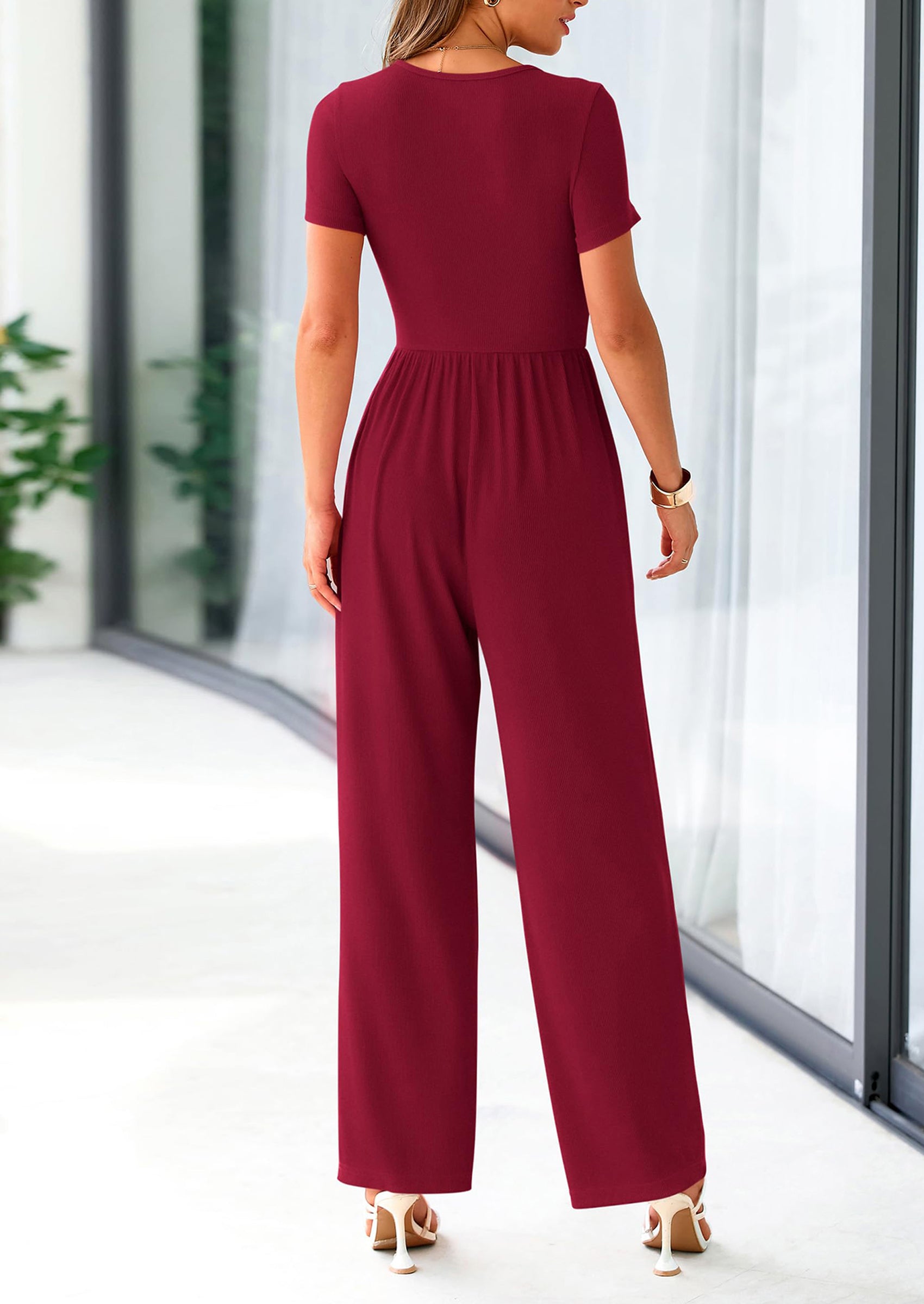 PRETTYGARDEN Women's Summer One Piece Jumpsuits Dressy Casual Short Sleeve Square Neck Wide Leg Jumpsuit Rompers