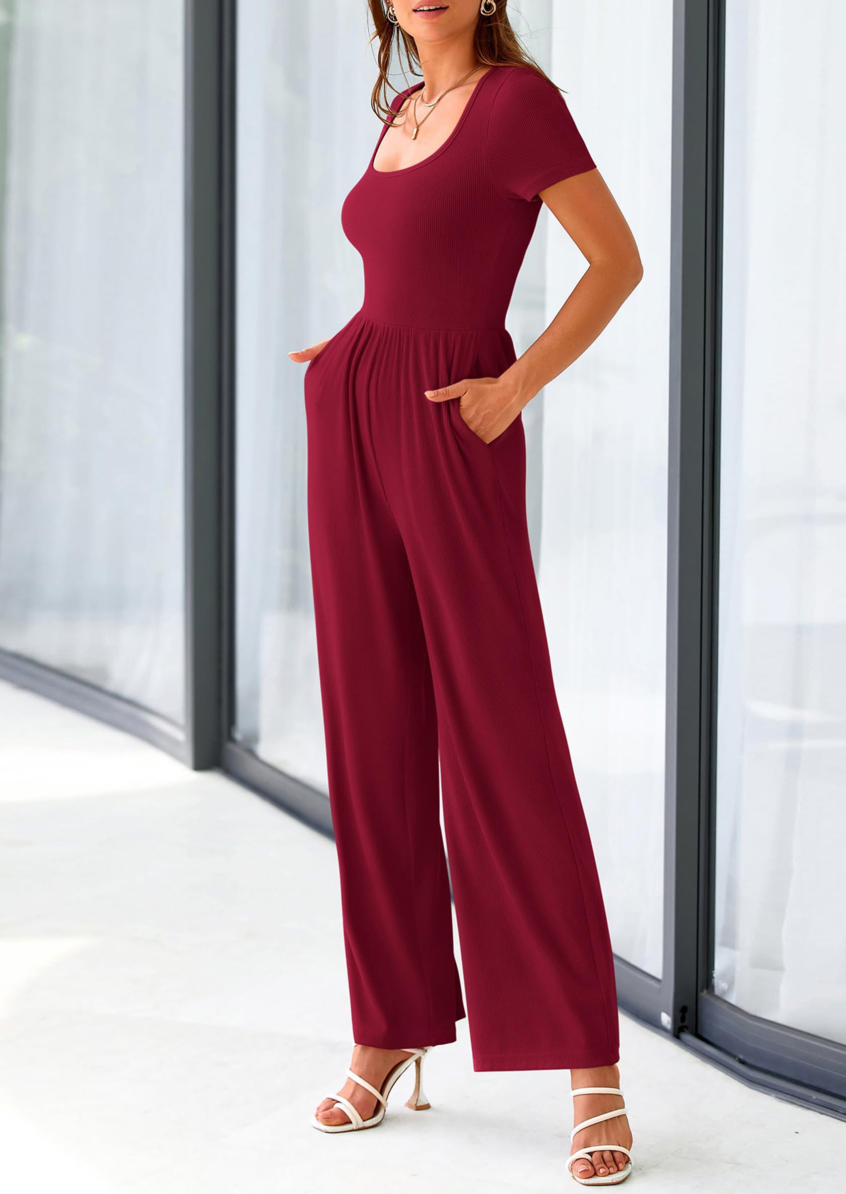 PRETTYGARDEN Women's Summer One Piece Jumpsuits Dressy Casual Short Sleeve Square Neck Wide Leg Jumpsuit Rompers