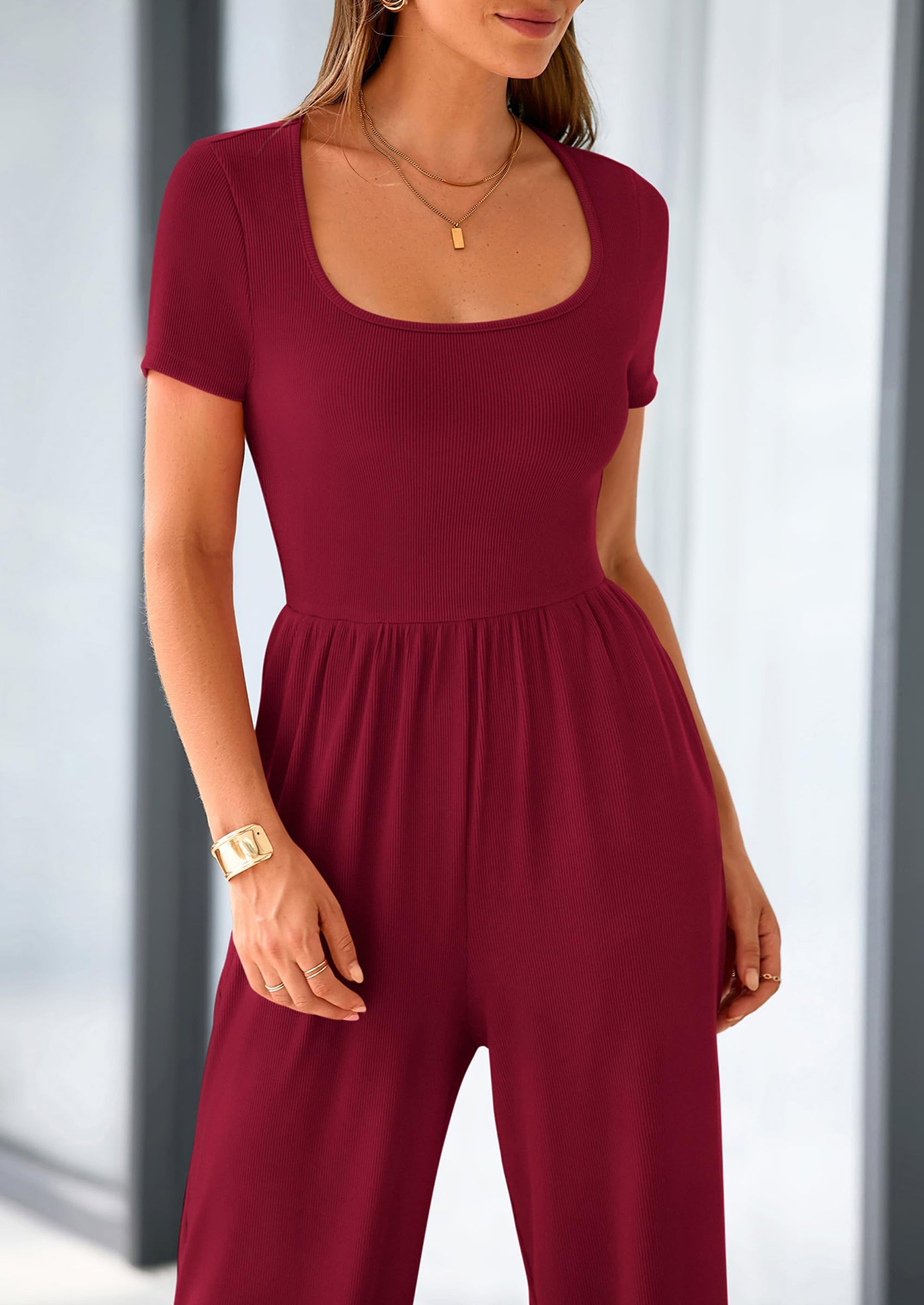 PRETTYGARDEN Women's Summer One Piece Jumpsuits Dressy Casual Short Sleeve Square Neck Wide Leg Jumpsuit Rompers