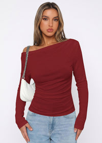PRETTYGARDEN Off The Shoulder Tops for Women Going Out Long Sleeve Shirts Fall Casual Fitted Ribbed Ruched Y2K Clothes