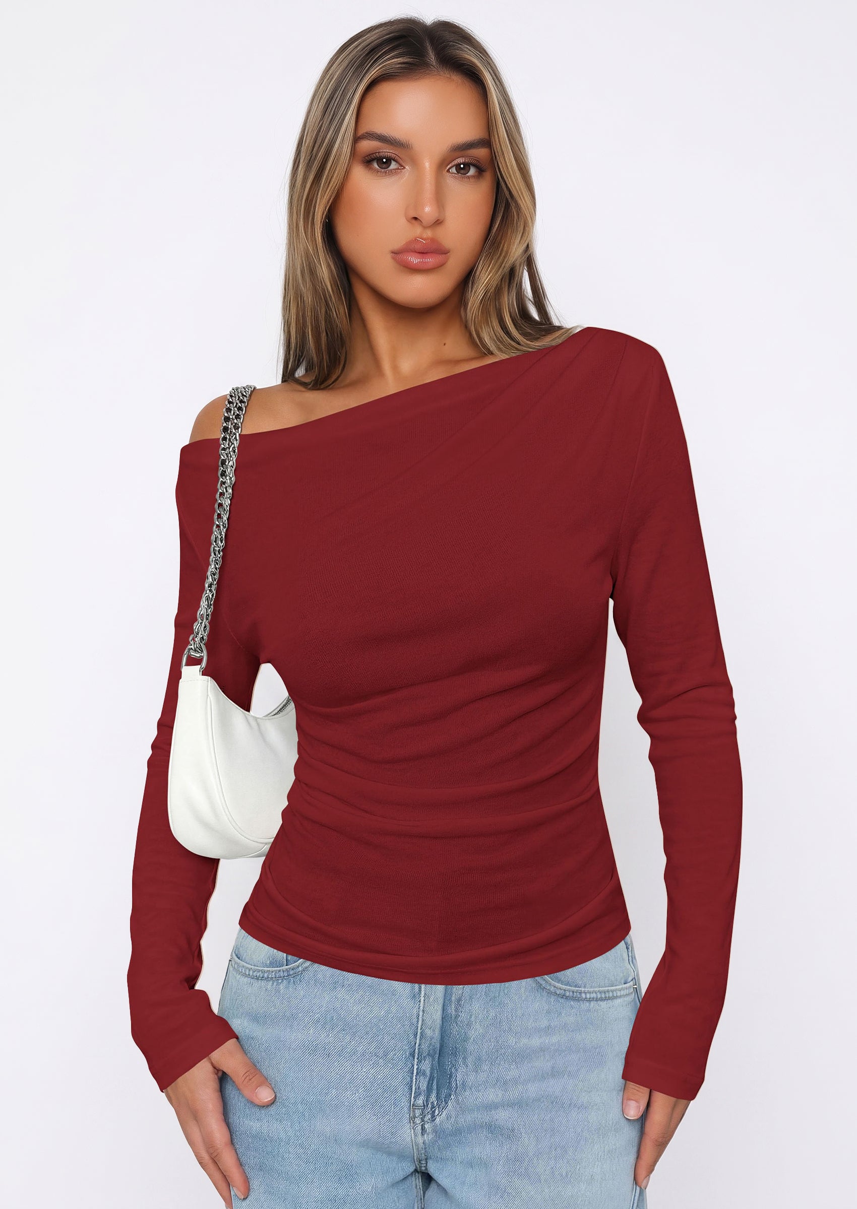 PRETTYGARDEN Off The Shoulder Tops for Women Going Out Long Sleeve Shirts Fall Casual Fitted Ribbed Ruched Y2K Clothes