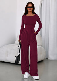 PRETTYGARDEN One Piece Jumpsuits for Women Dressy Casual Long Sleeve Crewneck Wide Leg Romper Overalls Spring Outfits