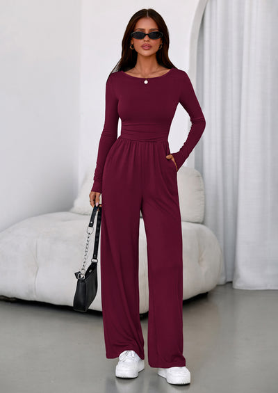 PRETTYGARDEN One Piece Jumpsuits for Women Dressy Casual Long Sleeve Crewneck Wide Leg Romper Overalls Spring Outfits