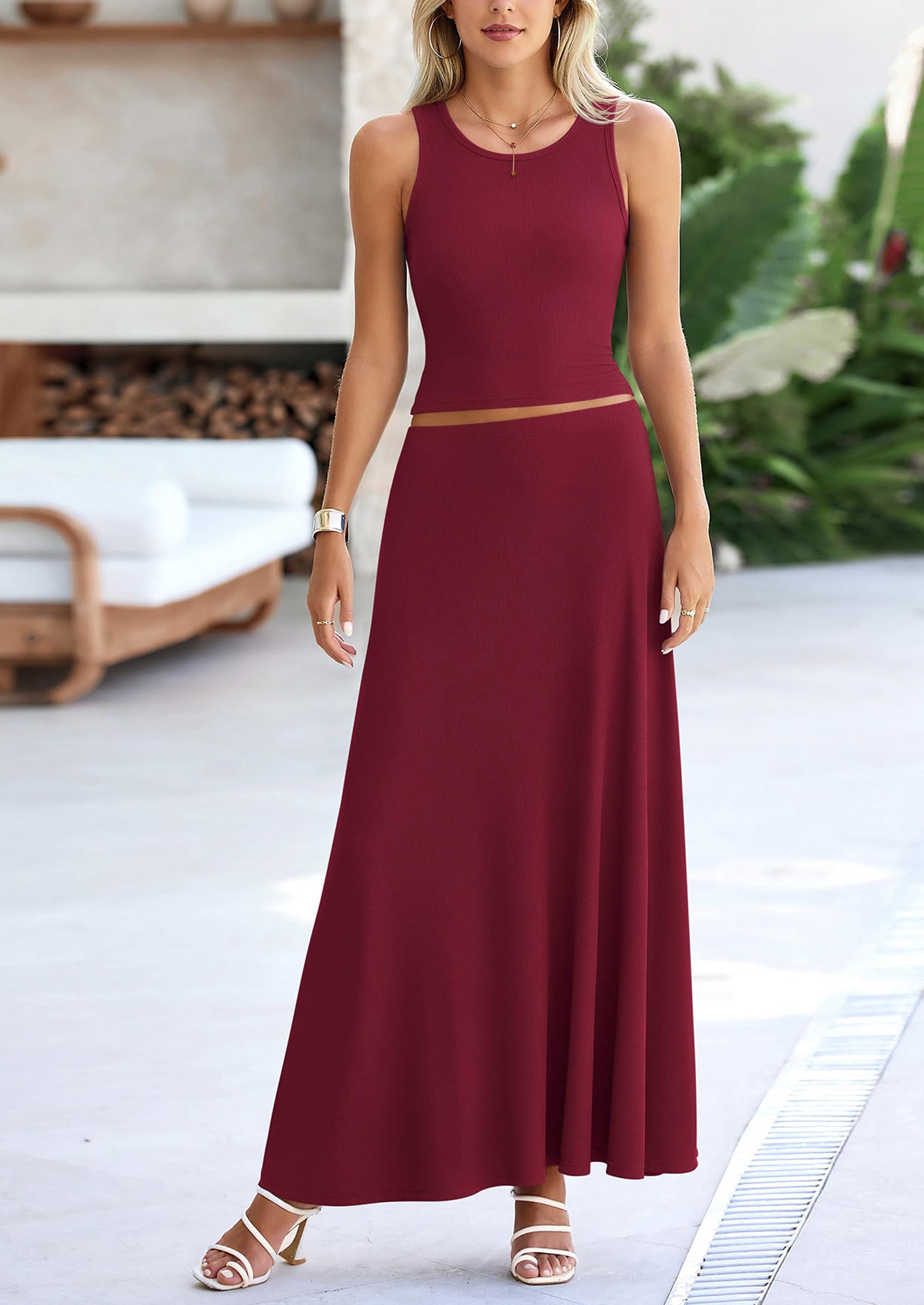 PRETTYGARDEN 2 Piece Maxi Skirt Sets Casual Knit Cropped Tank Top High Waisted Long Skirts Outfit