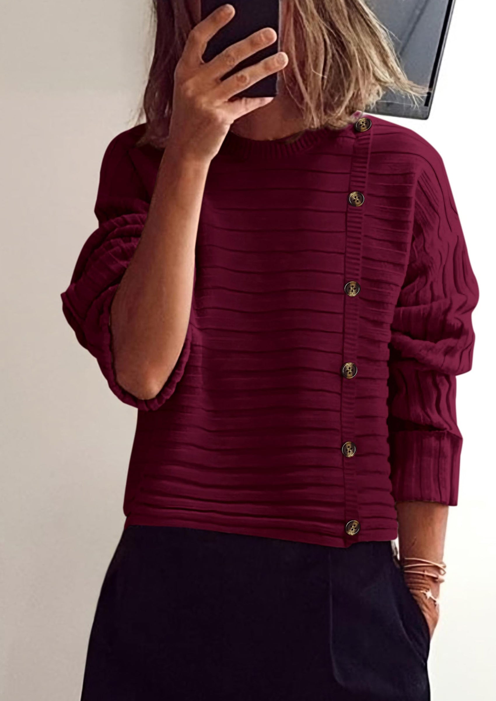 PRETTYGARDEN Womens Sweaters Fall Casual Long Sleeve Crewneck Button Loose Winter Knit Pullover Sweater Tops